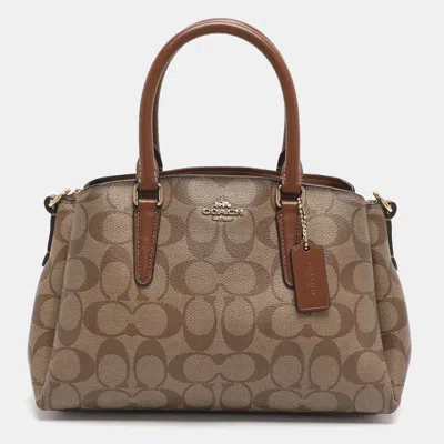 Pre-owned Coach Sage Carryall Beige/brown Coated Canvas And Leather Satchel In Sand