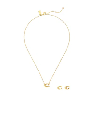 Coach Set Of Logo Earrings And Necklace In Gold