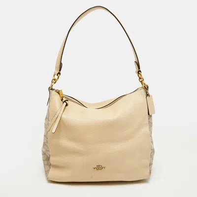 Pre-owned Coach Shay Beige Leather And Signature Canvas Shoulder Bag In Sand