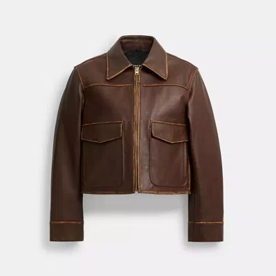 Coach Shrunken Leather Aviator Jacket In Brown