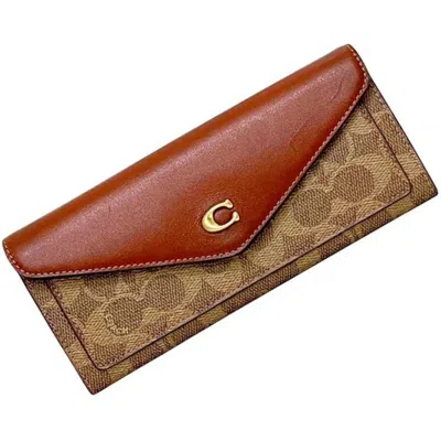 Pre-owned Coach Signature Beige Brown Signature Line Long Wallet (bi-fold) () In Beige, Brown
