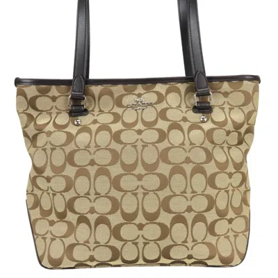 Pre-owned Coach Signature Beige Dark Brown Canvas Leather Tote Bag () In Multi