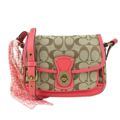 Pre-owned Coach Signature Beige Pink Canvas Leather Pochette Shoulder Bag ()