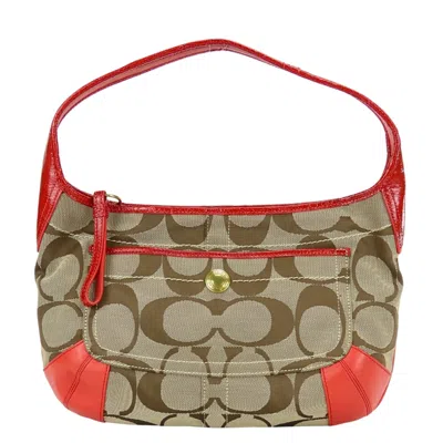 Pre-owned Coach Signature Beige Pink Red Color Canvas Leather Shoulder Bag ()