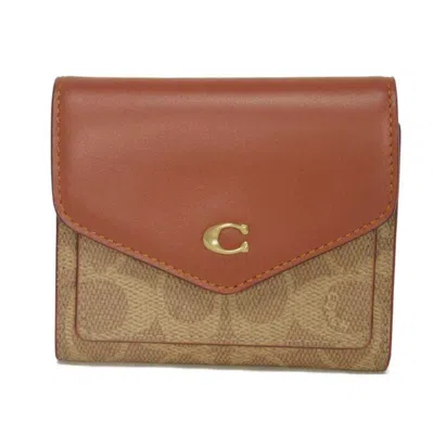 Pre-owned Coach Signature Beige Signature Line Coated Canvas Leather Wallet (tri-fold) () In Sand