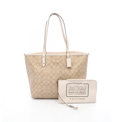 Pre-owned Coach Signature Beige White Coated Canvas Pouch Tote Bag () In Multi