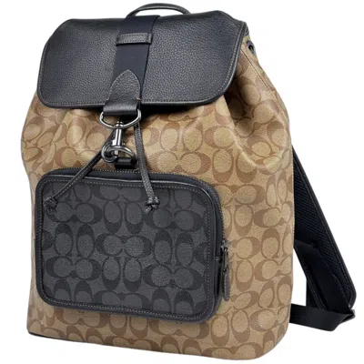 Pre-owned Coach Signature Black Brown Coated Canvas Leather Backpack () In Multi