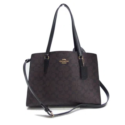 Pre-owned Coach Signature Black Dark Brown Coated Canvas Leather Shoulder Bag Tote Bag () In Multi