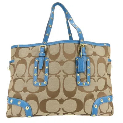 Pre-owned Coach Signature Blue Brown Canvas Leather Tote Bag () In Multi