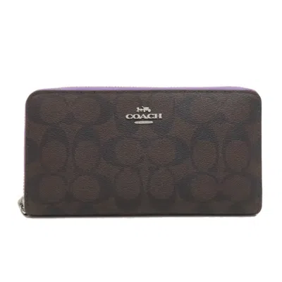 Pre-owned Coach Signature Brown Purple Signature Line Long Wallet (bi-fold) () In Multi