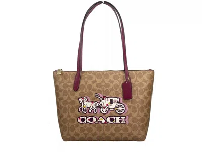 Coach Signature Canvas Fiona Zip Tote Bag Brown