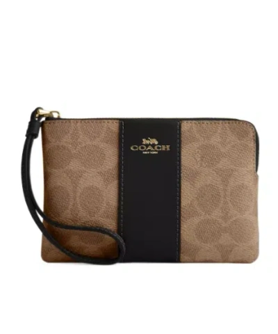Coach Signature Canvas Striped Corner Wrist Pouch With Zipper In Brown