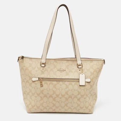 Coach Signature Coated Canvas And Leather Gallery Tote In Beige