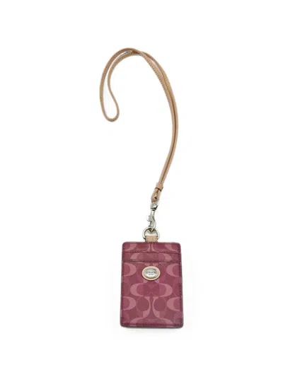 Pre-owned Coach Signature Coated Canvas Lanyard Cardholder In Pink