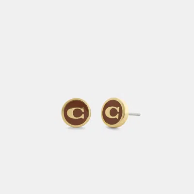 Coach Signature Enamel Stud Earrings In Gold/brown