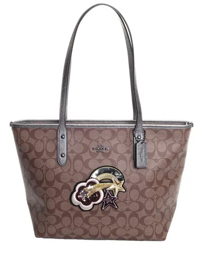 Coach Signature Glitter Patch City Zip Tote In Brown