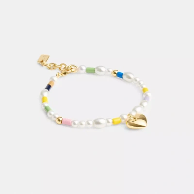 Coach Signature Heart Beaded Pearl Bracelet In Gold/multi