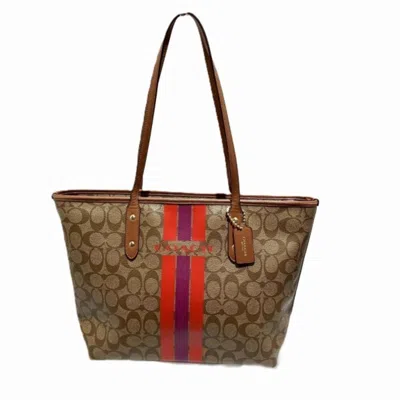 Pre-owned Coach Signature Khaki Leather Coated Canvas Tote Bag ()
