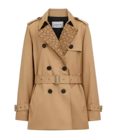 Coach Signature Lapel Short Trench In Dun