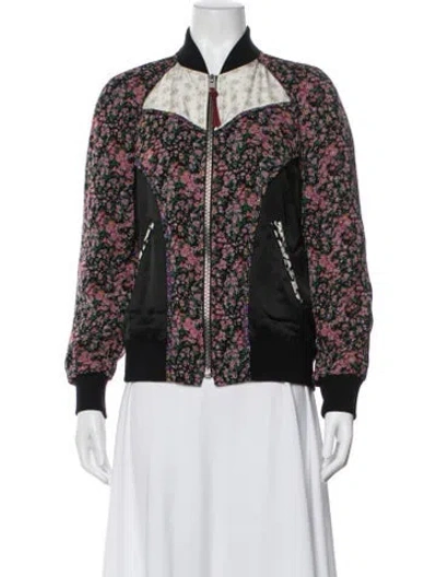 Pre-owned Coach Silk Floral Print Bomber Jacket In Black