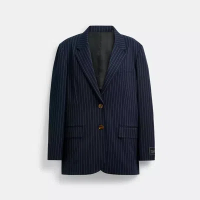 Coach Single Breasted Pinstripe Blazer In White/navy