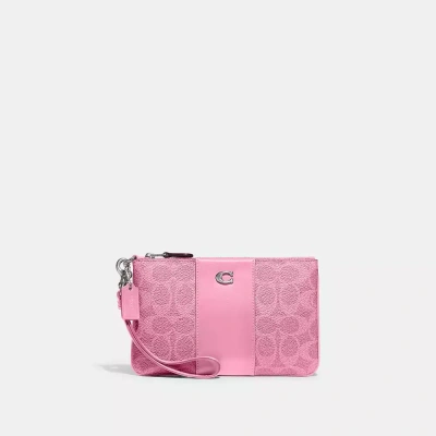 Coach Small Wristlet In Signature Canvas In Silver/vivid Pink