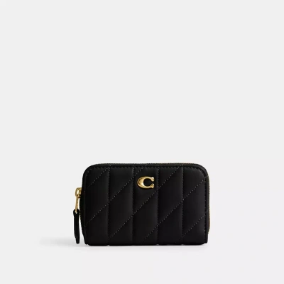 Coach Small Zip Around Card Case With Pillow Quilting In Brass/black