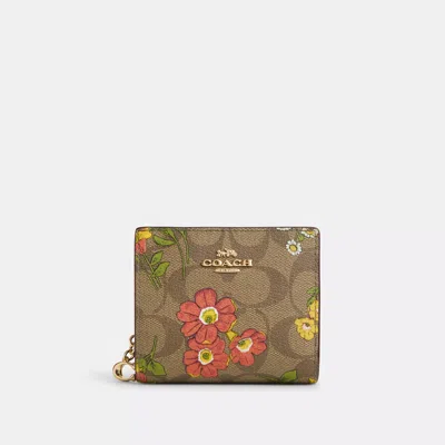 Coach Snap Wallet In Signature Canvas With Floral Print In Beige