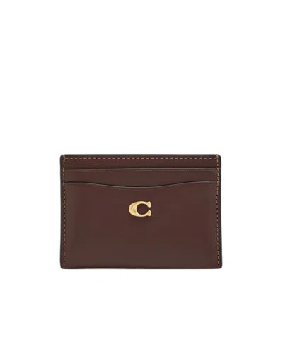 Coach Solid Color Leather Card Holder In Brown