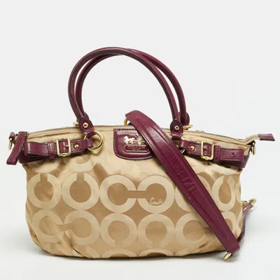 Pre-owned Coach Sophia Madison Beige/burgundy Signature Canvas And Leather Tote In Sand