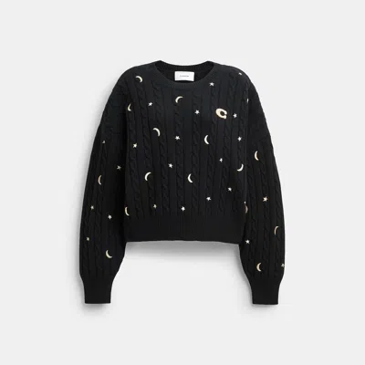 Coach Stars And Hearts Cable Crewneck Sweater In Black