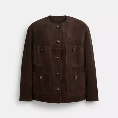 Coach Suede Cardigan Jacket In Dark Brown