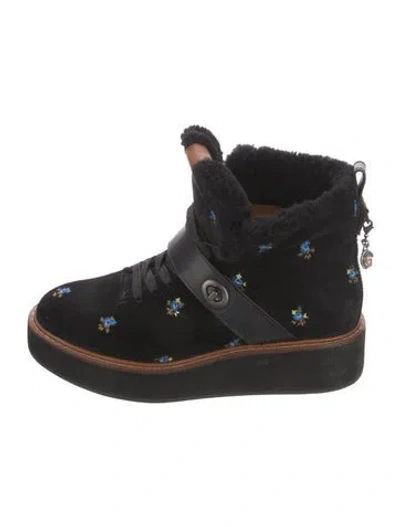 Pre-owned Coach Suede Floral Print Combat Boots In Black
