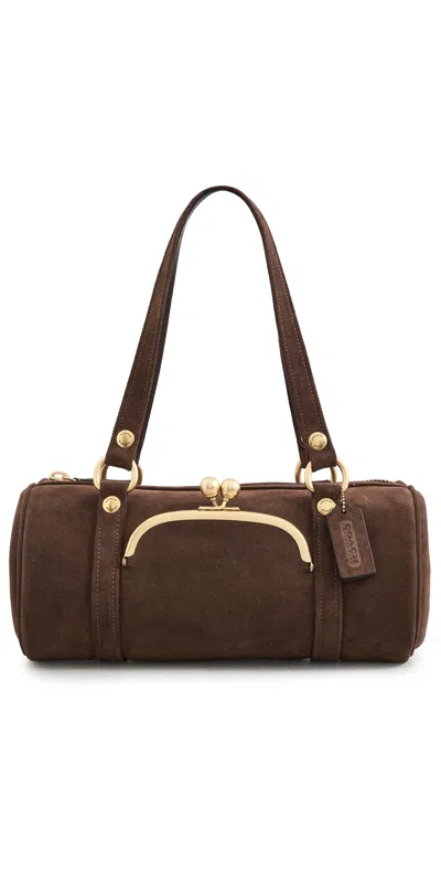 Coach Womens Dark Chocolate Kisslock Barrel Suede Shoulder Bag In Brown