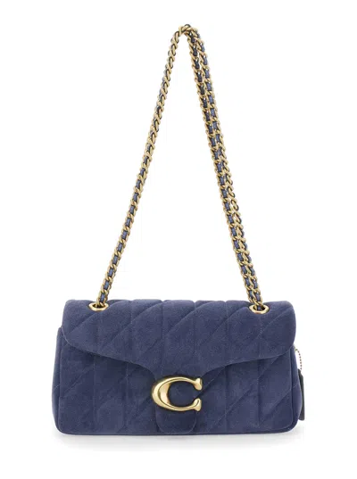 Coach Suede Quilted Crossbody Handbag With Chain Handles And Logo Front Plate, 27x14x8 Cm In Blu