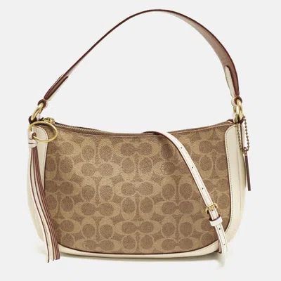 Pre-owned Coach Sutton Off White/brown Signature Coated Canvas And Leather Crossbody Bag