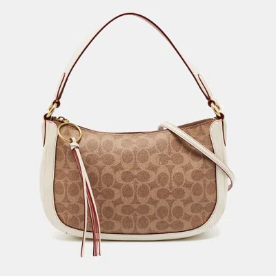 Pre-owned Coach Sutton Off White/brown Signature Coated Canvas And Leather Hobo