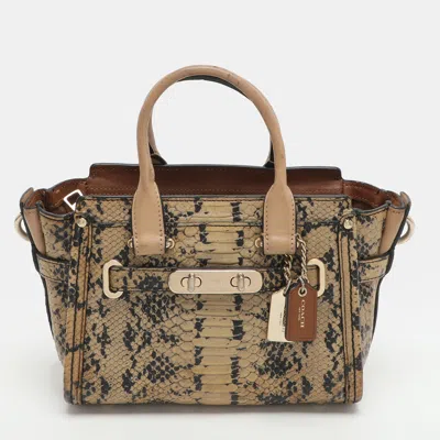 Pre-owned Coach Swagger Beige/black Python Embossed Leather Tote In Sand