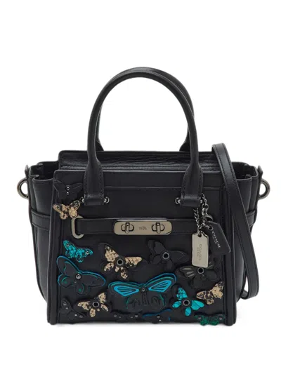 Pre-owned Coach Swagger Butterfly-appliqué Handbag In Black