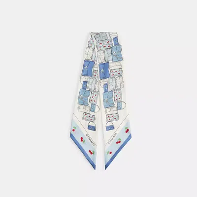 Coach Tabby Cherry Print Silk Wide Skinny Scarf In Blue