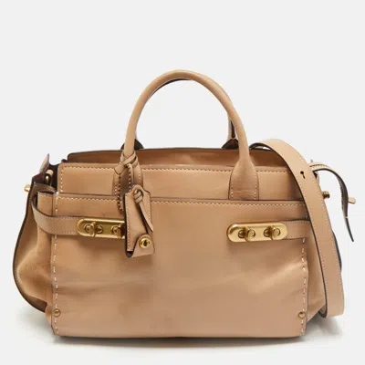 Pre-owned Coach Tan Leather And Suede Double Swagger Tote
