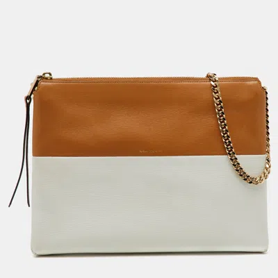 Pre-owned Coach Tan/white Leather Chain Shoulder Bag In Brown