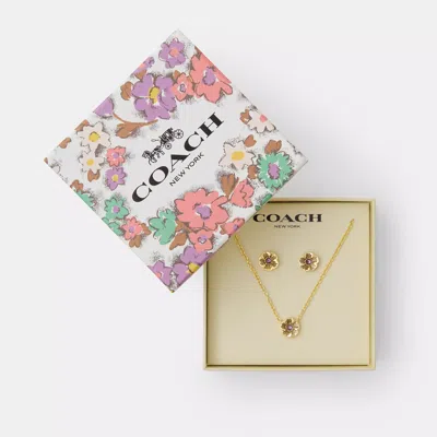 Coach Tea Rose Pendant Necklace And Earrings Gift Set In Yellow