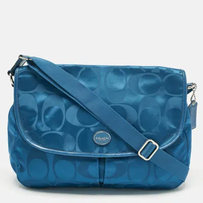 Pre-owned Coach Teal Blue Signature Nylon And Patent Leather Messenger Bag
