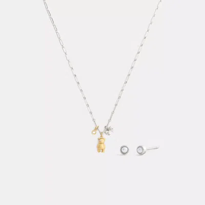 Coach Teddy Bear And Bow Earrings And Necklace Set In Multi