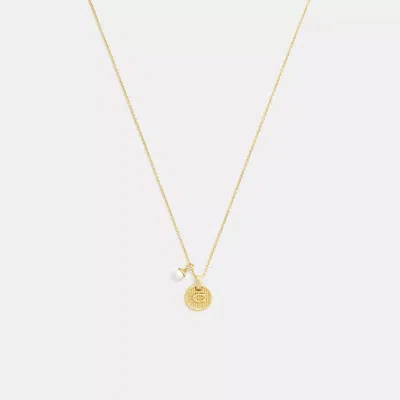 Coach Textured Signature Coin And Pearl Pendant Necklace In Gold