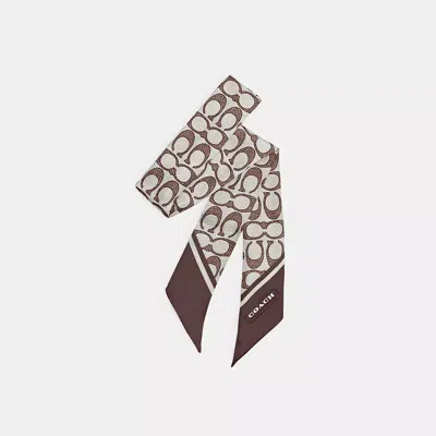 Coach Textured Signature Print Silk Skinny Scarf In Brown