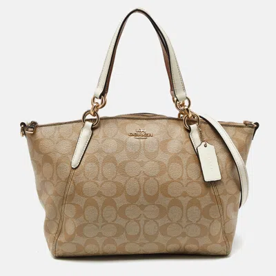 Coach Tri Color Signature Coated Canvas And Leather Small Kelsey Satchel In Beige