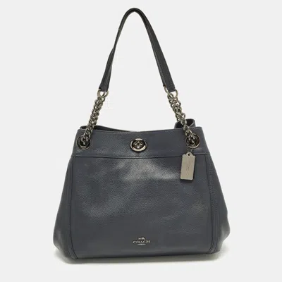 Coach Turnlock Edie Navy Blue Leather Shoulder Bag