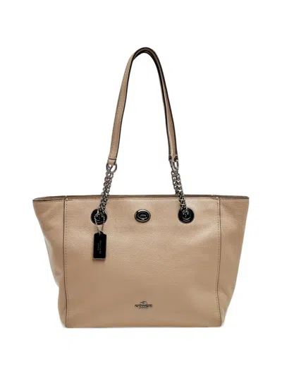 Pre-owned Coach Turn-lock Leather Tote Bag In Gray